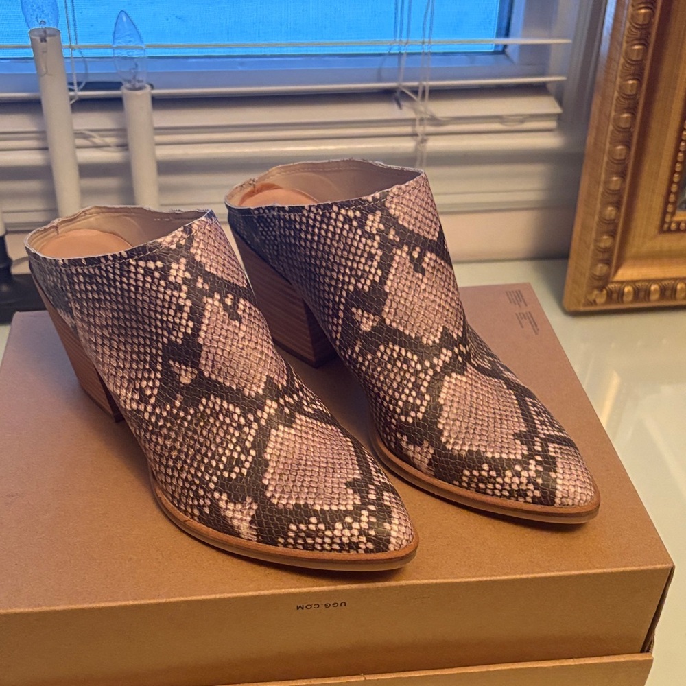 Snakeskin slide booties